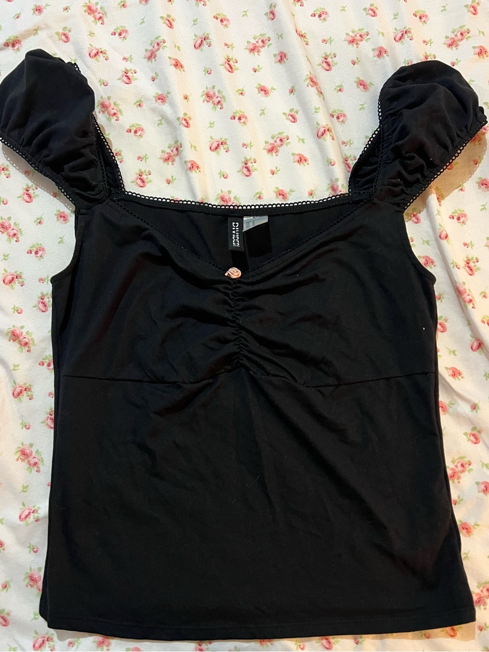 H&M Black Square Neck Puff Sleeve Tank